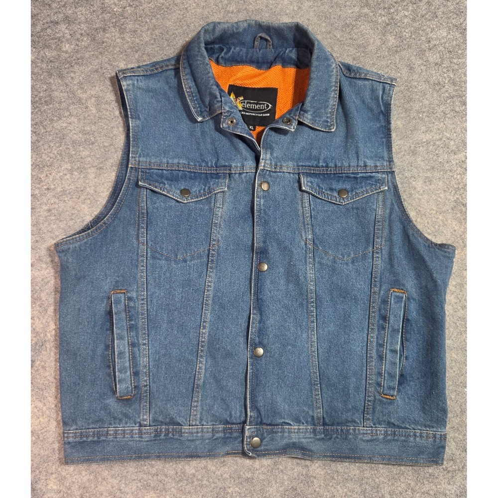Xelement Mens Blue Denim Motorcycle Vest Orange Mesh Lining XL Jean Jacket